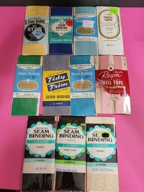 Vintage Bundle Of Assorted Seam Binding and Twill Tape.  11 Packs. (0770)